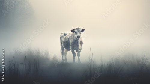 a cow standing middle of a field on a foggy day with trees backgroud. photo