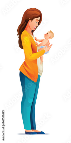 Mother holding baby son in arms. Vector cartoon illustration isolated on white background