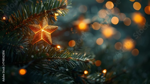 A starry string of christmas lights hangs at the top of a branch of a fir tree in an abstract defocused background