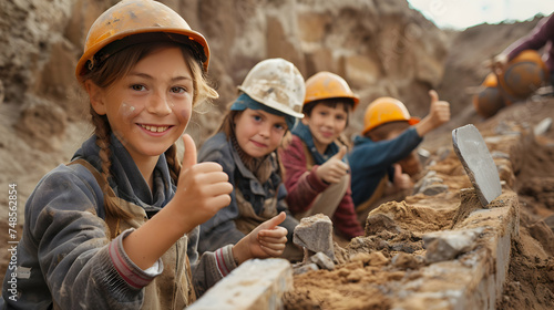 Group of children smiling, having thumbs up doing their dream job as Archeologists at the site with excavations in the background. Concept of Creativity, Happiness, Dream come true and Teamwork.