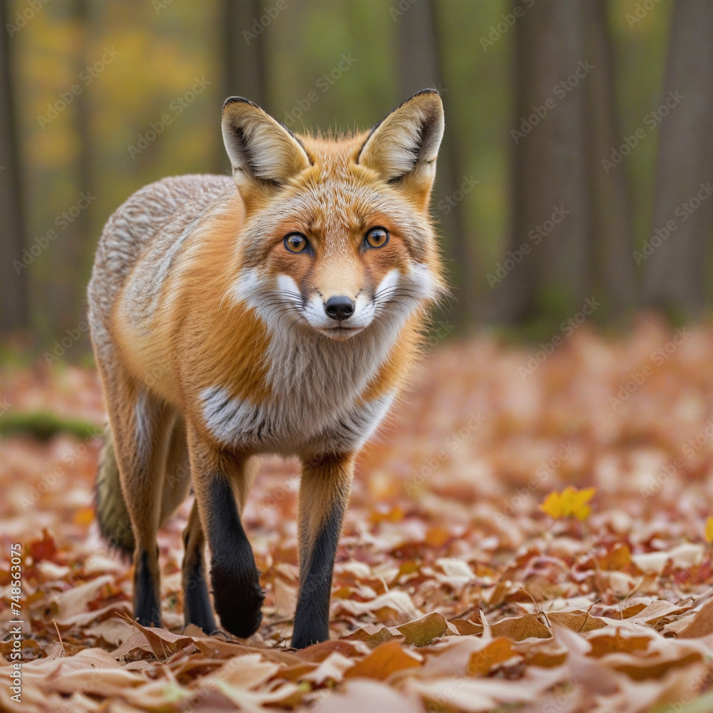 Red fox surrounded by fall leaves