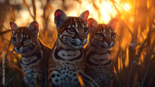 Ocelot family in the savanna with setting sun shining. Group of wild animals in nature.