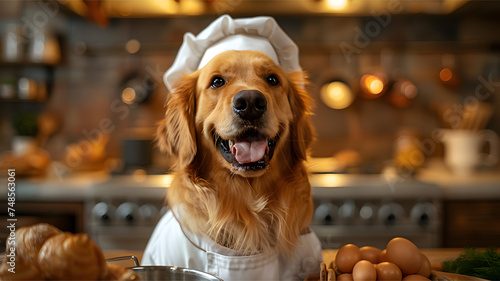 Portrait of a golden retriever playful scene of the dog as a chef.