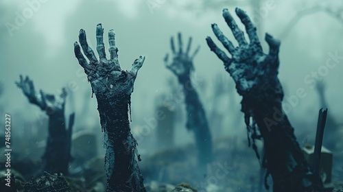 An illustration of skeleton zombie hands emerging from a cemetery on Halloween