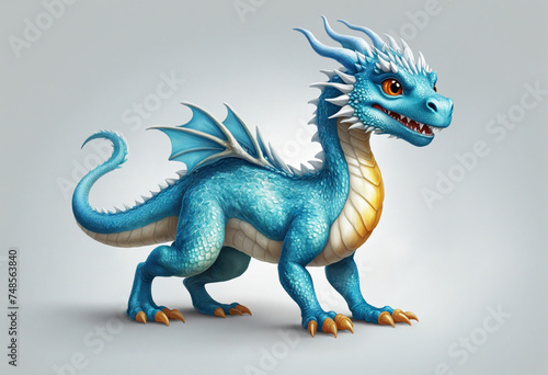 Cute ice blue little dragon with shining eyes 3d cartoon character © Fukurou