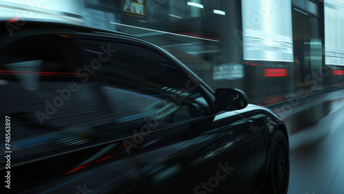 Dynamic image of a sleek car speeding through an urban blur.