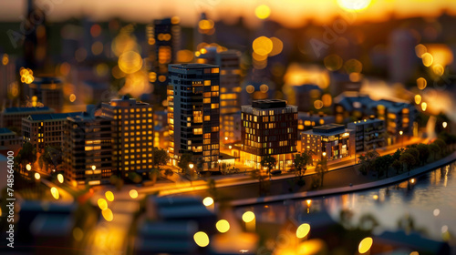 Miniature urban scene glowing at twilight with crisp reflections.