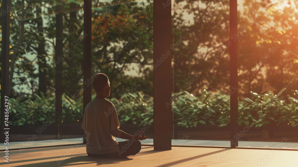 Fototapeta premium Person meditating in a serene space with calming nature backdrop.