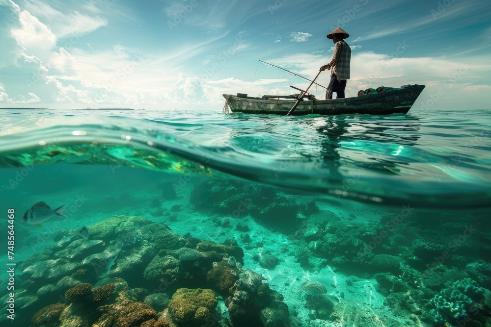 A fishing boat floating at the sea with fishing man inside A fishing boat floating at the sea with fishing man inside