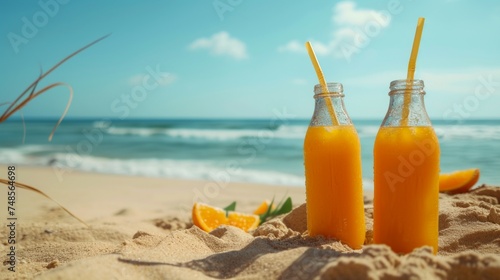 Drinking bottles with orange juice at the sand on beach, on a sunny summer day, holidays and vacation concept.