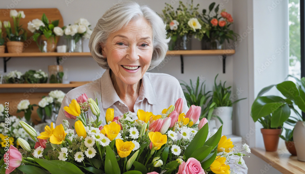 Senior woman sales flowers in flower shop, beautiful flowers and old lady