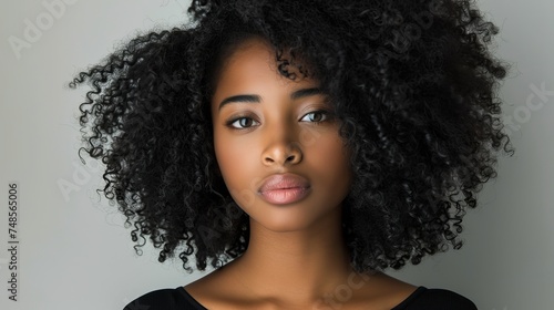 Black woman with curly hair against gray background in a fashion portrait