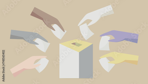 Various people are putting papers into the ballot box.
