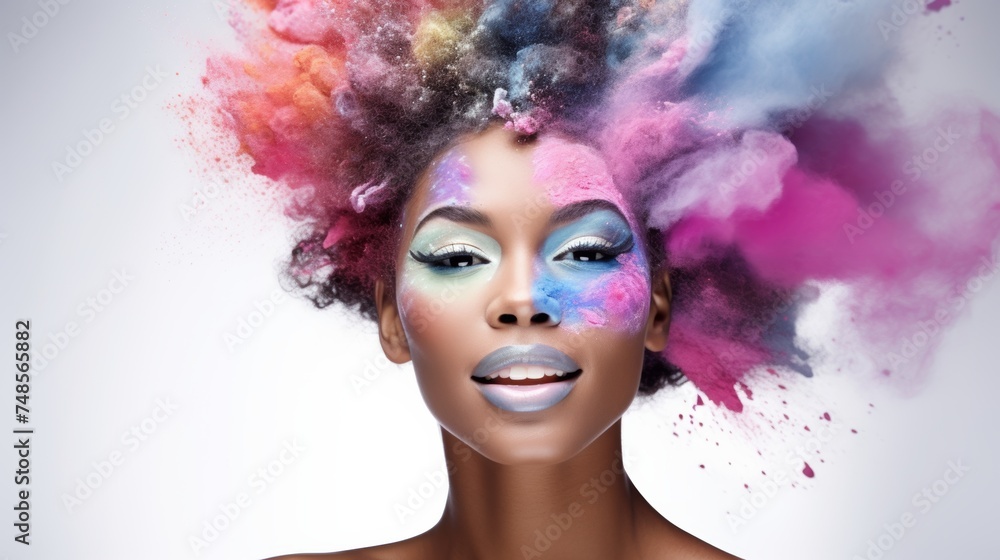 Creative makeup with colorful powder explosion.
