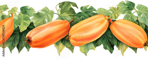 Watercolor background banner of papaya isolated on a white background as transparent PNG