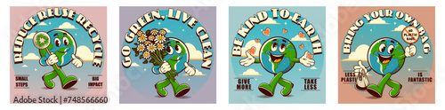 Collage retro posters with funny walking comic characters, care for the enviroment . Save water, recycle, less plastic, alternative energy. Eco save planet, Earth day concept. Set in vintage style
