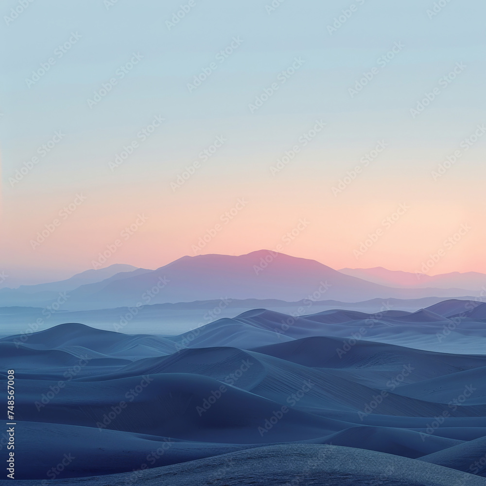 Sunset over tranquil desert landscape, highlighting the smooth lines of sand dunes under a soft sky
