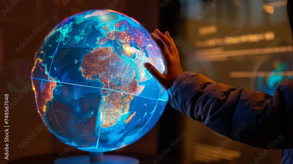 Fototapeta premium A person interacts with a digital holographic globe, highlighting continents and cities with advanced touch-sensitive technology.