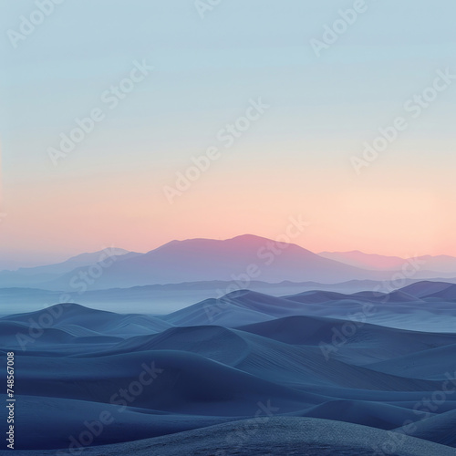 Sunset over tranquil desert landscape, highlighting the smooth lines of sand dunes under a soft sky