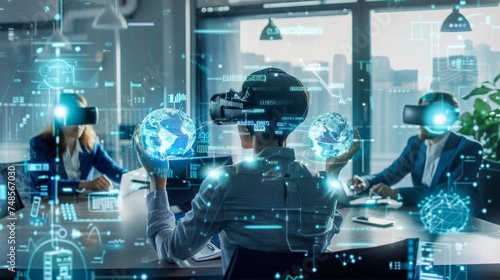 A professional team engages with virtual reality interfaces, manipulating holographic data and digital globes in a futuristic office setting.