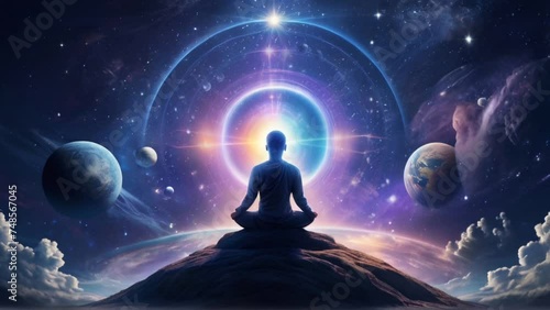 Meditating person in the galaxies with cosmic energy background. Male silhouette. spiritual video