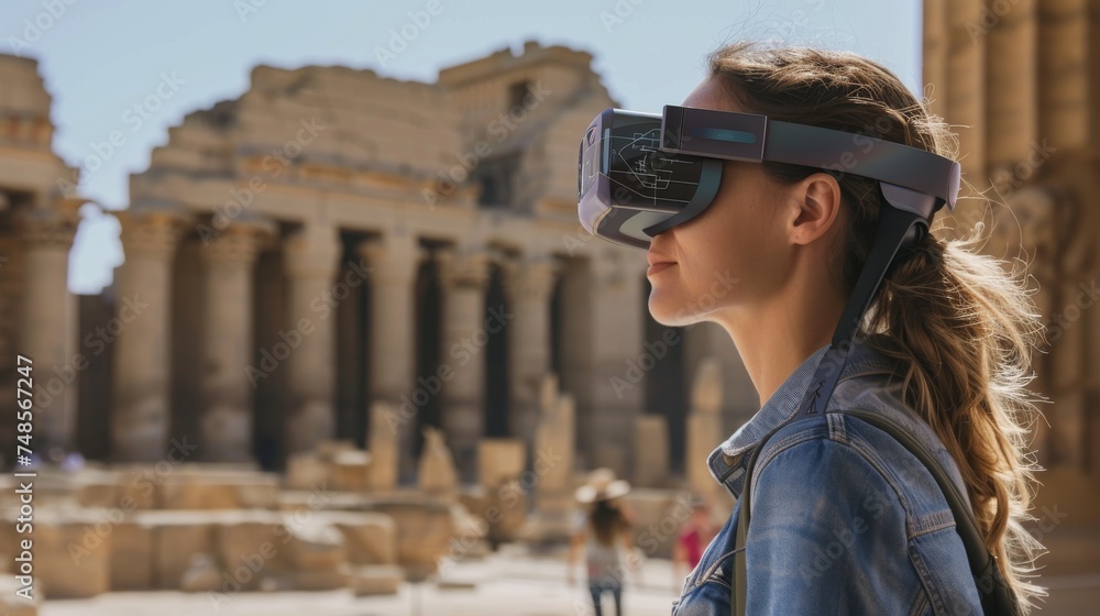 A tourist stands amidst ancient ruins, wearing a virtual reality headset to enhance her experience with historical information and reconstructions.