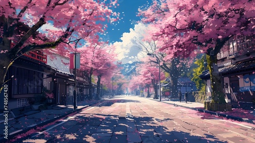 Sakura Blossom Street in Anime Style