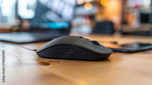 Computer notebook mouse with smartphone on table 