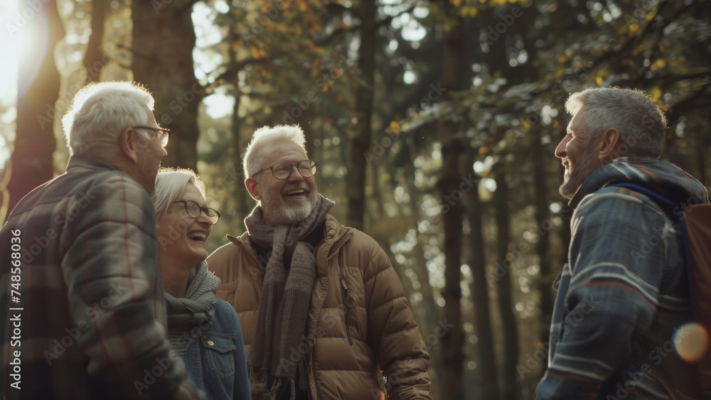 Joyful senior friends share laughter in an autumn forest, basking in golden sunlight. Joyful senior friends share laughter in an autumn forest, basking in golden sunlight.