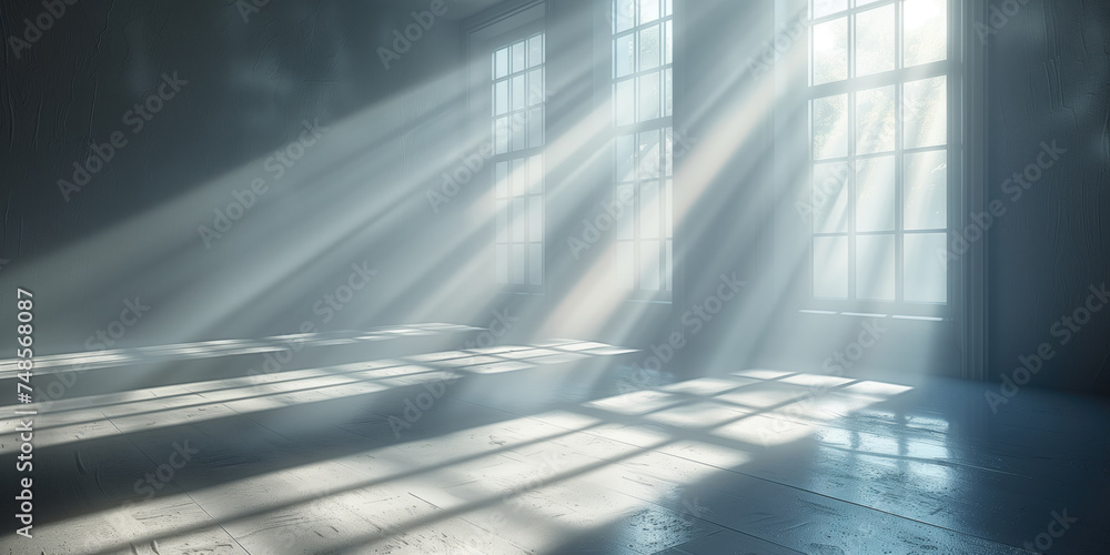 Sun rays shining through window in empty room.