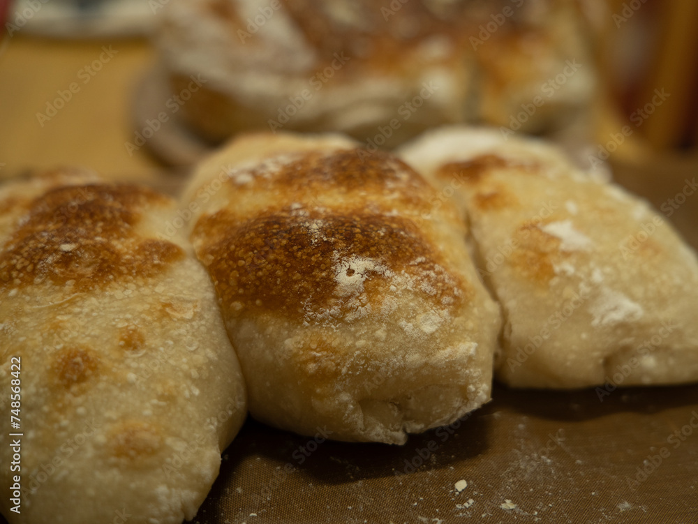 Home baked sourdough ciabatta buns, Italian flat breads.