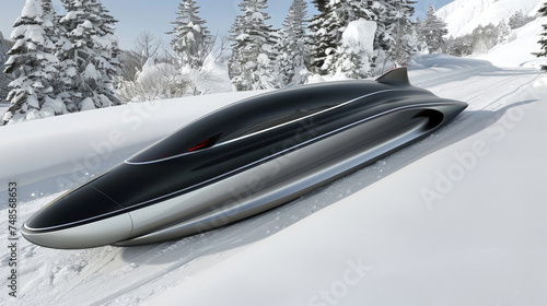 A black and silver boat is seen floating on top of snow-covered ground