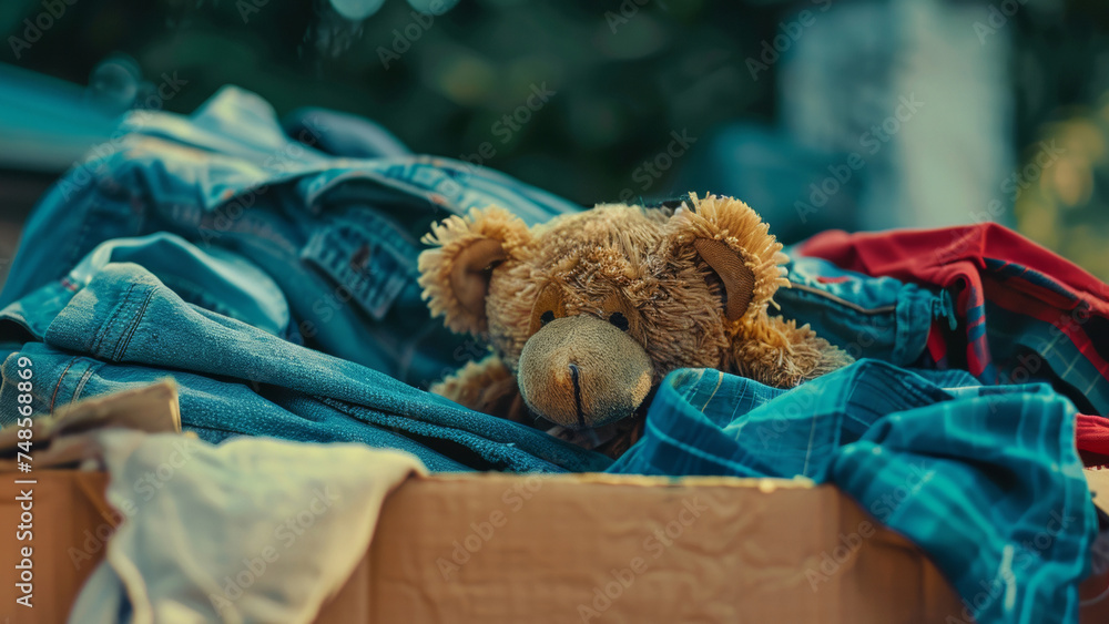 A forlorn teddy bear lies in an abandoned cardboard box amidst discarded clothes. - obrazy, fototapety, plakaty 