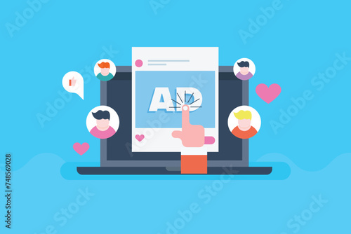 Social media advertising attracting new customers, social media sponsored ads, likes, love, audience engagement concept vector illustration.