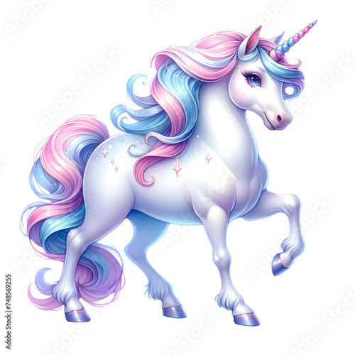 Cartoon character unicorn with a rainbow as rainbows are  often seen as symbols of hope and happiness