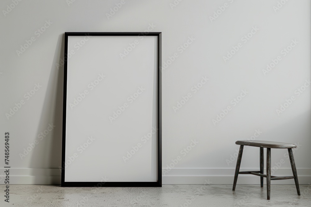 Poster mockup with vertical empty wooden frame standing on the floor. For various advertising. Banner Poster mockup with vertical empty wooden frame standing on the floor. For various advertising. Banner