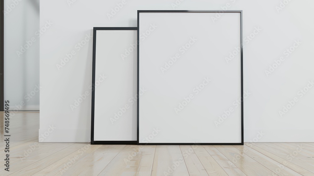 Poster mockup with vertical empty wooden frame standing on the floor. For various advertising. Banner Poster mockup with vertical empty wooden frame standing on the floor. For various advertising. Banner