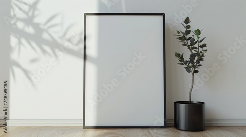 Wallpaper Mural Poster mockup with vertical empty wooden frame standing on the floor. For various advertising. Banner Torontodigital.ca