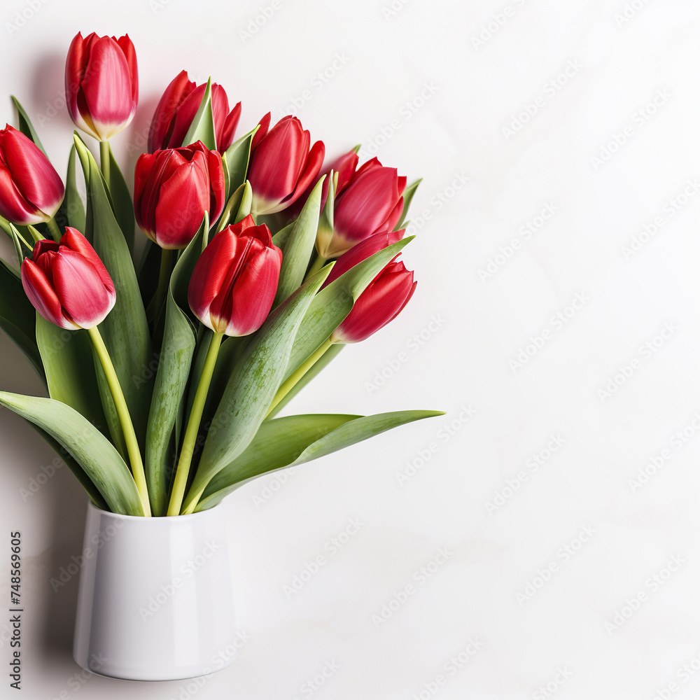 Fototapeta premium Bouquet of beautiful red tulips on a white background with space for text. Mother's Day, March 8, birthday. Generated by artificial intelligence