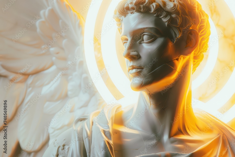 Surreal 3D illustration of a marble ancient Greek statue with a halo behind in white and gold color. Contemporary art in digital format - obrazy, fototapety, plakaty 