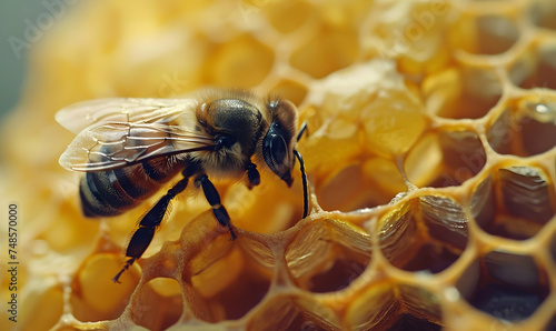 Photo close up top view honeycomb and bee © Ilham