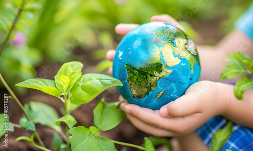 photo close-up of child's hand holding globe ball in front of plant