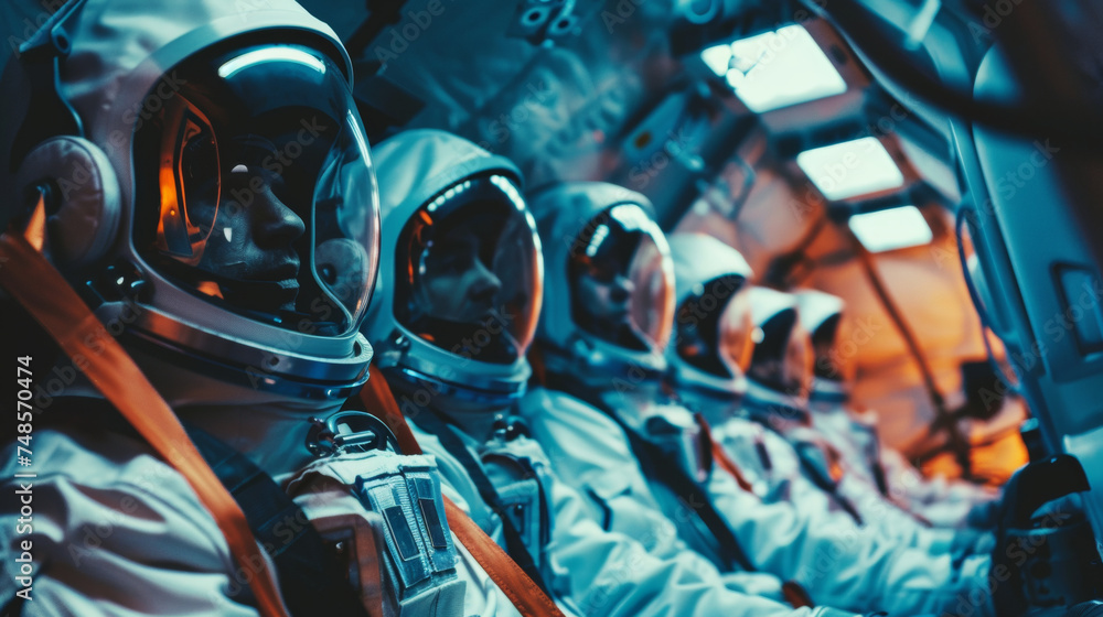 Astronauts lined up, geared for a cosmic journey, evoke awe and unity. - obrazy, fototapety, plakaty 