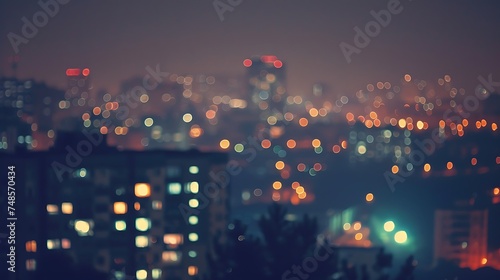 City lights at night. The image is blurry and out of focus, with the lights of the city appearing as bright spots of color.