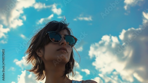 Thoughtful young woman wearing sunglasses looking up at the sky with a hopeful expression.