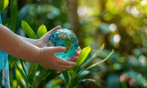 photo close-up of child's hand holding globe ball in front of plant