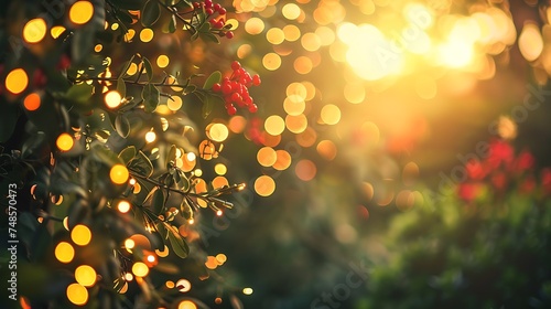 A beautiful nature scene with a tree branch in the foreground and a blurry background of bokeh lights.