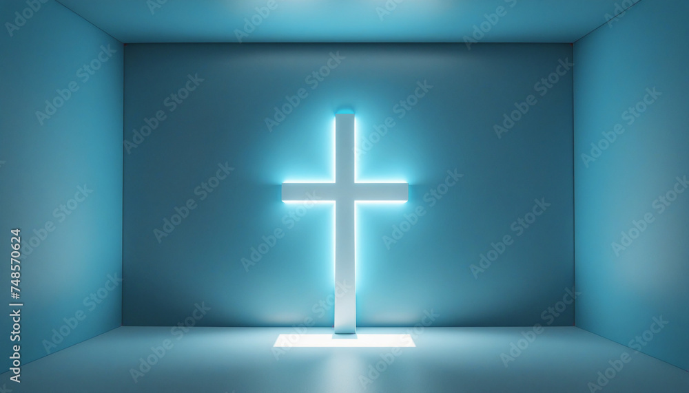 3d render, abstract minimalist blue background. Bright light. Cross symbol, simple geometric shape glowing in the dark