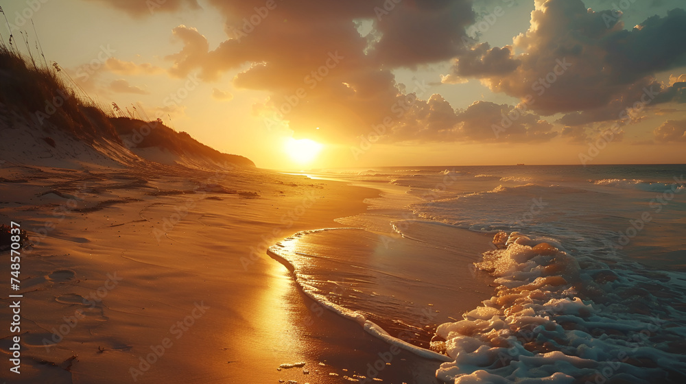 A breathtaking sunset scene at a dune beach, with golden sunlight casting warm hues across the sandy shoreline and gentle waves lapping against the coast, creating a tranquil and serene atmosphere - obrazy, fototapety, plakaty 