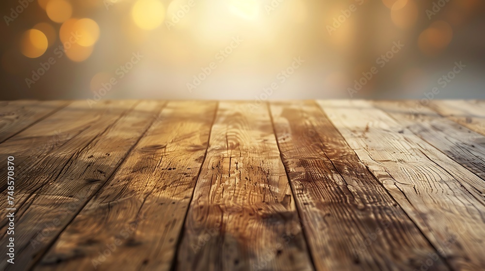 Rustic wooden table with a blurred background of warm lights. The table is made of old, weathered wood with a rich, dark brown color. Rustic wooden table with a blurred background of warm lights. The table is made of old, weathered wood with a rich, dark brown color.